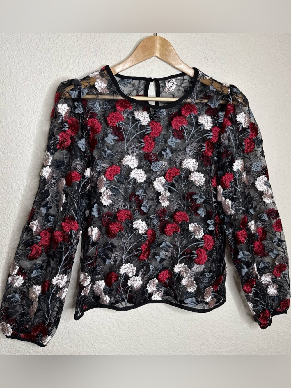 Dazy Sheer Floral Embroidered Mesh Blouse Black XL Romantic Date Night